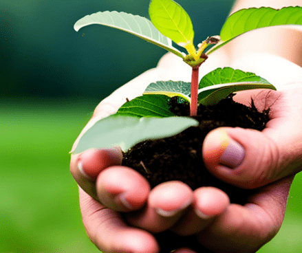 Hands holding a tiny peach tree with soil