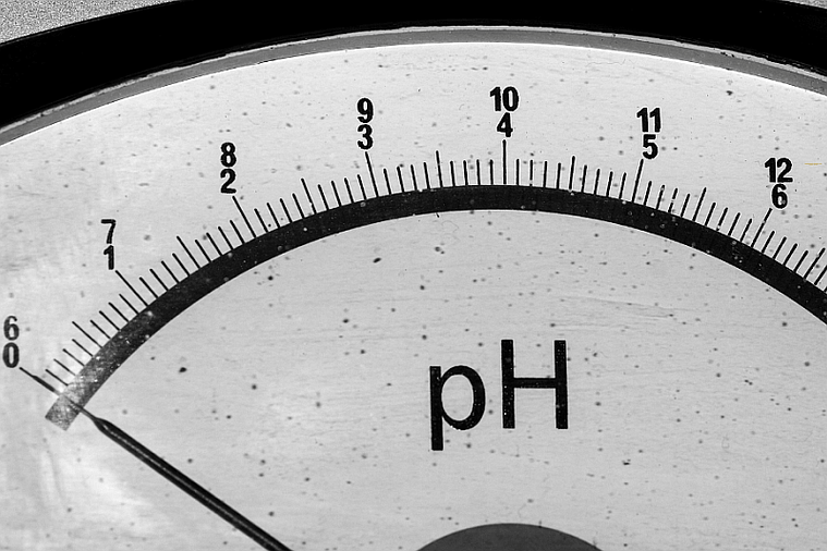 Closeup of a soil pH meter's dial, registering at 6