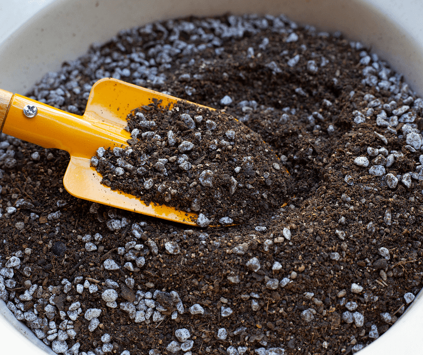 Soil in a pot with a yellow hand shovel imbedded